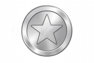 Silver star token icon representing excellence, reward, achievement, rating, and quality on a transparent background