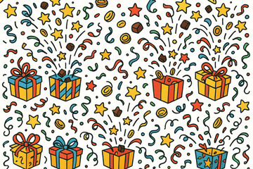 Colorful Celebration Pattern with Gift Boxes Stars and Confetti on White Background