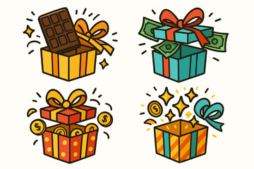 Colorful Gift Boxes with Ribbons and Coins in Cartoon Style for Celebrations