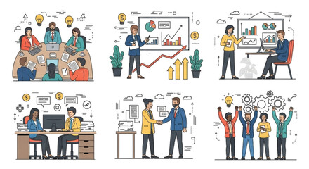 Fototapeta premium This image illustrates different business and teamwork activities, including group discussions, presentations, data analysis, collaboration at desks, professional handshakes, and celebrating success t