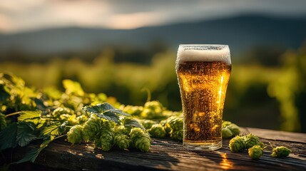 Golden Beer in Glass with Fresh Hops at Sunset