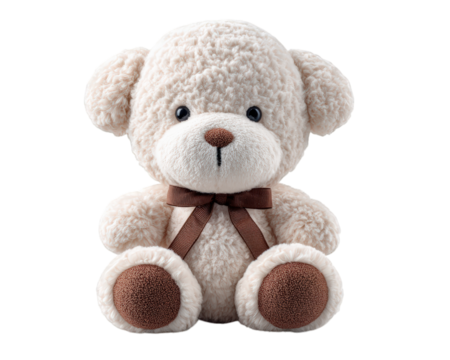 Cute white plush teddy bear with brown ribbon soft fur round ears and brown paws sitting upright perfect for children gift or nursery decor evoking warmth and comfort