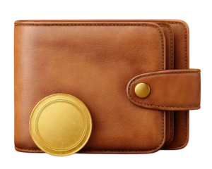 Brown leather wallet with gold coin beside finance concept savings wealth personal accessory elegant style secure isolated on transparency background