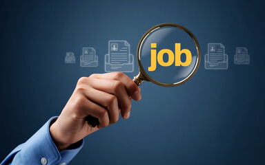 Person using a magnifying glass to examine the word 'job' among resume icons, symbolizing career search or recruitment.