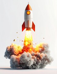 Rocket launching, bright orange flame