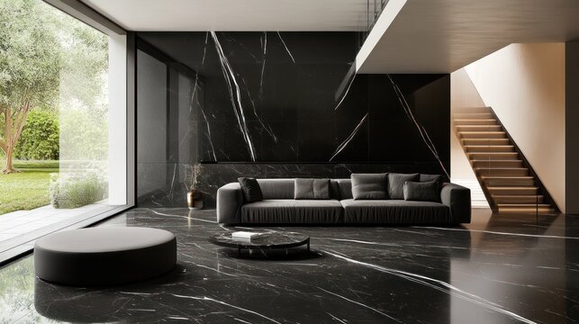 Elegant Modern Living Room with Black Marble Flooring and Large Window