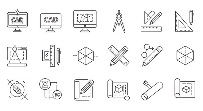 A comprehensive set of thin line icons for computer-aided design, engineering, architecture, and 3D modeling projects