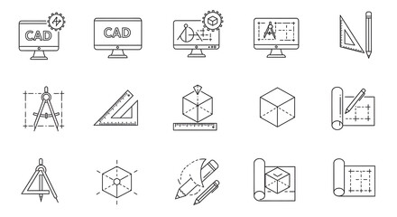 CAD Design Icons Engineering, Architecture, and 3D Modeling Symbols