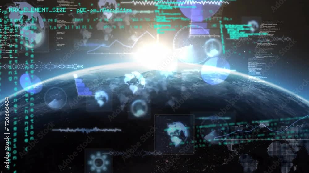 Poster sunburst peeking over earth horizon starting code streaming and icon fading into charts for ui