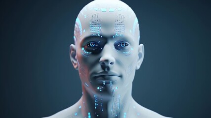 White Humanoid Head With Glowing Blue Circuitry On Dark Blue Background - Powered by Adobe