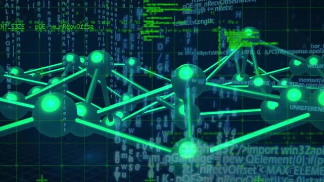 Green spheres emerging rotating forming node lattice representing digital network with code streams