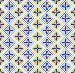 Seamless black and white geometric pattern in vintage tile style, with floral and diamond motifs. Elegant, minimal and timeless design, perfect for fashion, home decor, wallpaper and stationery.