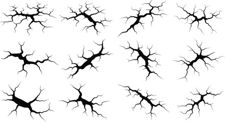 Crack illustration set, fracture pattern design, surface damage texture, radial and jagged break art, black vector graphic, abstract destruction