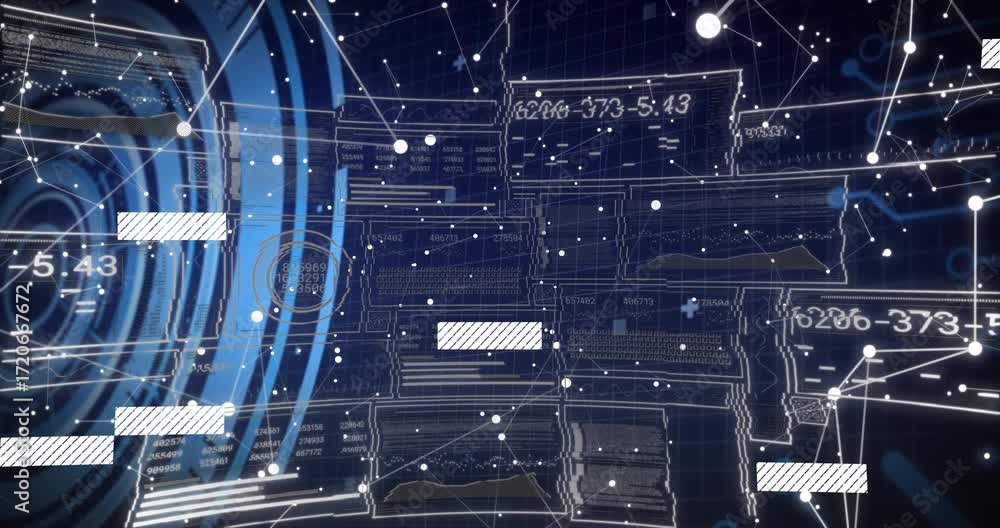 Poster on launch network grid showing interface with code scrolling and bars moving while visualizing data
