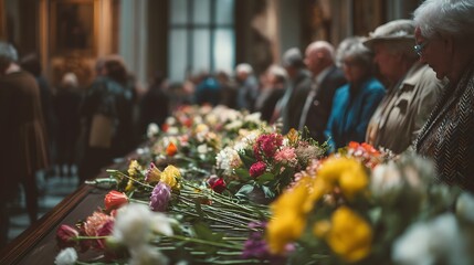 People Paying Respects with Flowers in a Museum Setting