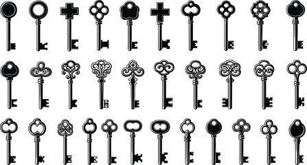 Vintage antique keys collection, retro key vector illustration, decorative lock symbol, black silhouette design, ornate skeleton key, classic security element