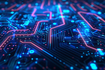 ブルーラインが輝く抽象的な電子回路基板　未来的テクノロジーの背景