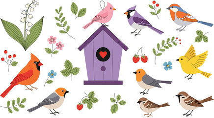 Whimsical bird illustration, colorful nature design, botanical elements with birdhouse, floral and leaf art, vibrant wildlife vector, garden-themed composition