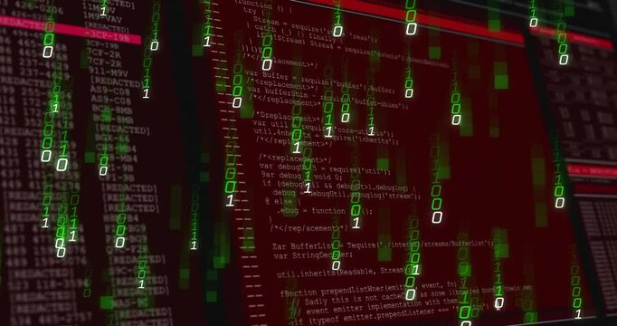 Flickering digits initiating binary rain streaming across red code UI representing hack interface