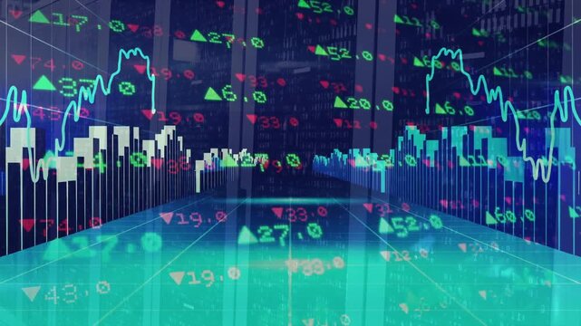 Grid appearing driving bar charts animating tickers floating and line graphs showing market shifts