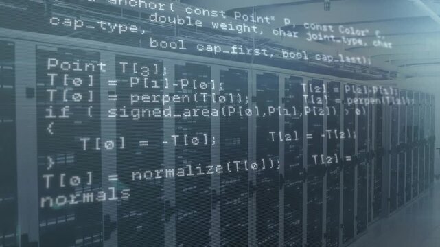 After pause, server cabinets static, C++ code fading, scrolling, evolving networking to geometry