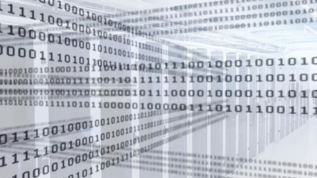 Opening corridor showing server racks scrolling binary code while camera panning exposing data flow
