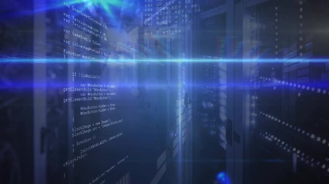 Server racks fading into view while neon blue beams sweeping code scrolling visualizing data flow