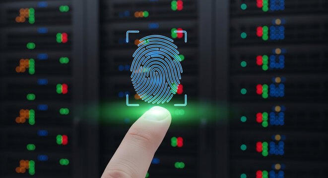 A finger presses on a glowing biometric fingerprint icon, set against a blurred background of server racks, symbolizing secure data access and authentication in a digital infrastructure.