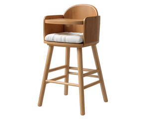 Modern wooden baby high chair with soft cushion, natural finish, and minimalist design, perfect for kitchen or dining room, comfortable and safe for newborn or infant use