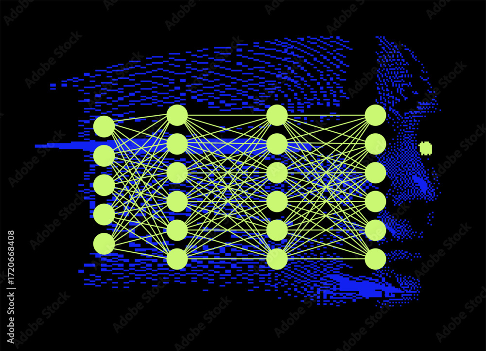 Poster vector illustration in cyberpunk and tech style. theme: neural network and ai. neon green nodes and 