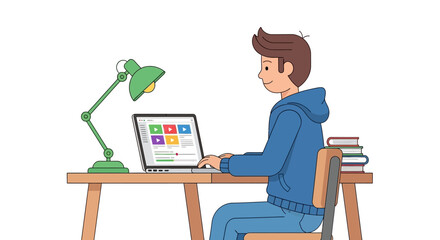 A young man is sitting at a desk, working on a laptop computer with a green desk lamp.