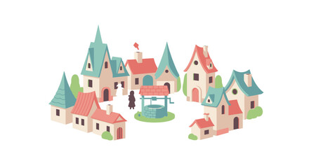 Illustration of a small village with houses and a well.