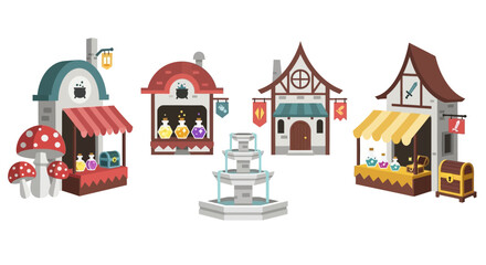 Naklejka premium A whimsical illustration of a medieval town square featuring various shops and a fountain.