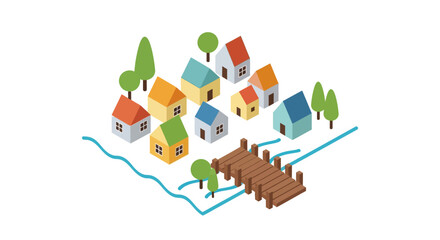 Isometric illustration of a charming village with colorful houses, green trees, a winding river, and a wooden bridge.