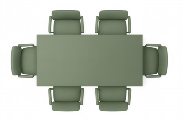 Office conference table with six green executive chairs, viewing from top, symbolizing business meeting and teamwork on transparent background