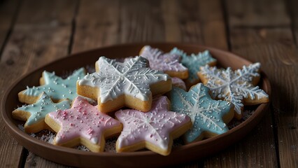 A wooden plate filled with star-shaped christmas cookies decorated with colorful pastel icing and white sprinkles on a rustic wooden table. Food concept