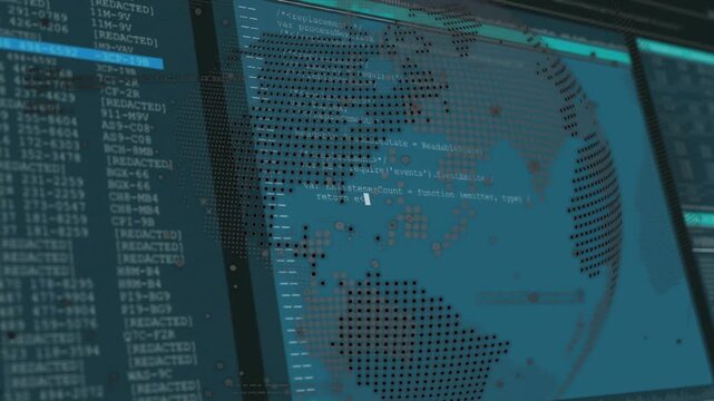 Rotating dot-matrix globe shifting onto monitors, marking flagged data, updating code for analysis