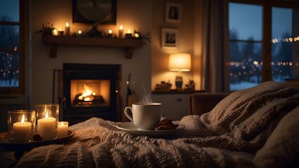 A warm and inviting living room interior with a lit fireplace, glowing candles, and comfortable furniture during winter. Cozy home concept