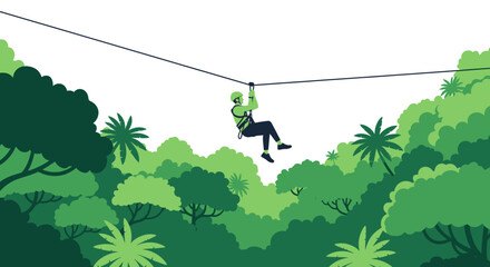 An illustration of a person zip-lining high above a dense green jungle canopy, enjoying an outdoor adventure.