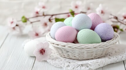 Pastel Easter eggs and spring flowers in delicate white basket