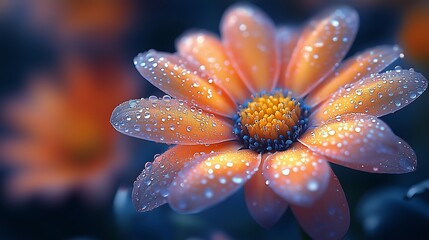 Macro Shot of Vibrant Orange Flower (Zinnia/Gerbera Daisy) with Sparkling Water Drops & Blue Center Accents