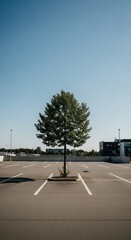 Solitary Green Tree in an Empty Asphalt Parking Lot Under a Clear Blue Sky, Flanked by Modern Buildings in a Peaceful Urban Landscape
