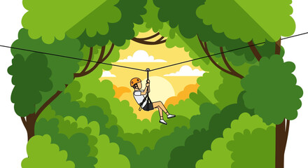 Person ziplining through a forest with a bright sun in the background.