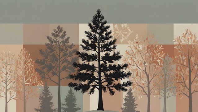 A variety of stylized abstract trees with a large dark tree in the center on a background of various colored blocks. Nature concept