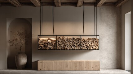 Minimalist Fireplace with Hanging Iron Wood Storage in Beige-Gray Interior