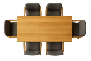 Wooden dining table with six dark grey chairs, top view, illustrating corporate meeting or collaborative workspace concept