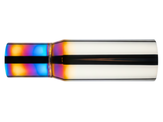 Stainless steel car exhaust tip with a colorful burnt finish on a transparent background