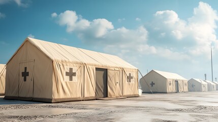 Row of multiple beige emergency medical tents with prominent cross symbols on dusty ground under a blue sky