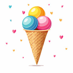 Cartoon Ice Cream Cone with Yellow Blue and Pink Scoops and Heart Sprinkles.