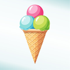 Cartoon Ice Cream Cone with Pink Blue and Green Scoops Waffle Texture.